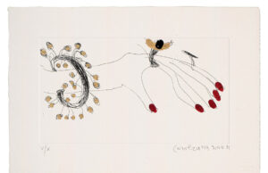 ArtCity, in mostra “Unique Multiples” di Carol Rama a Villa delle Rose Carol Rama, Seduzione (mano), 2004. Acquaforte su carta Moulin du Pombier, 16 x 23,5 cm. Tiratura: 100 + X, con intervento dell’artista, successivo alla stampa, a smalto rosso e oro. Es. V/X. © Archivio Carol Rama, Torino
